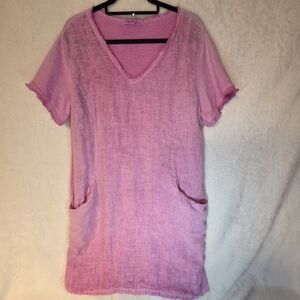 Gigi Moda Made In Italy Pink Fringe V-Neck  Pocket Cotton Tunic Dress Size M